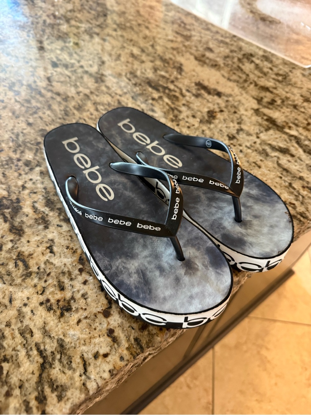 bebe Black and Gray Logo Platform Flip Flops
